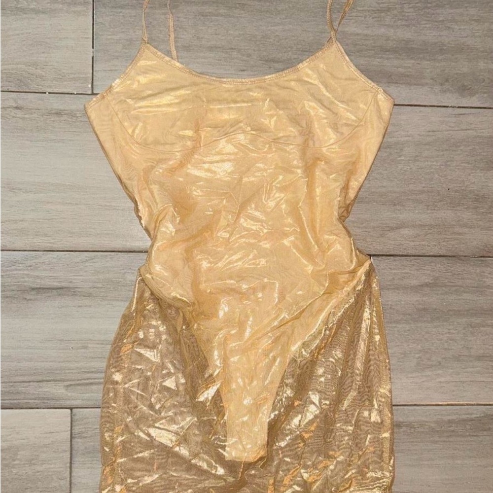 Sheer gold mini dress built in bodysuit size small